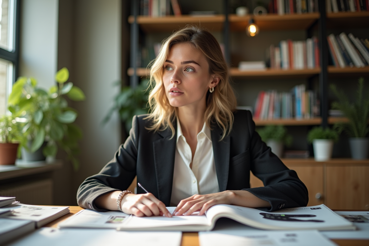 Femme éditrice de mode travaillant à son bureau lumineux