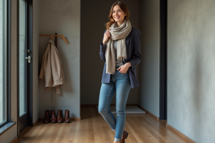 Femme en blazer ajusté dans un appartement moderne