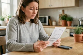 Femme consultant sa facture mobile et un numéro inconnu sur son smartphone à la maison