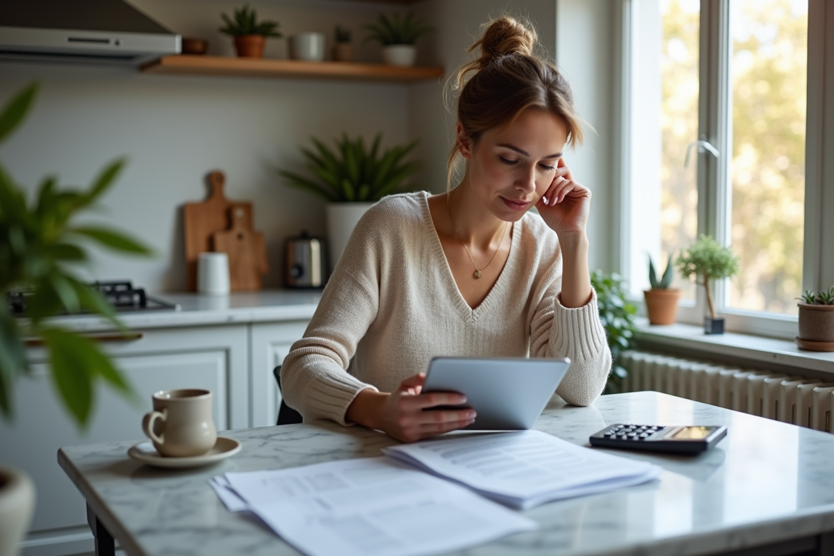 Femme en cuisine utilise une tablette pour remplir une declaration