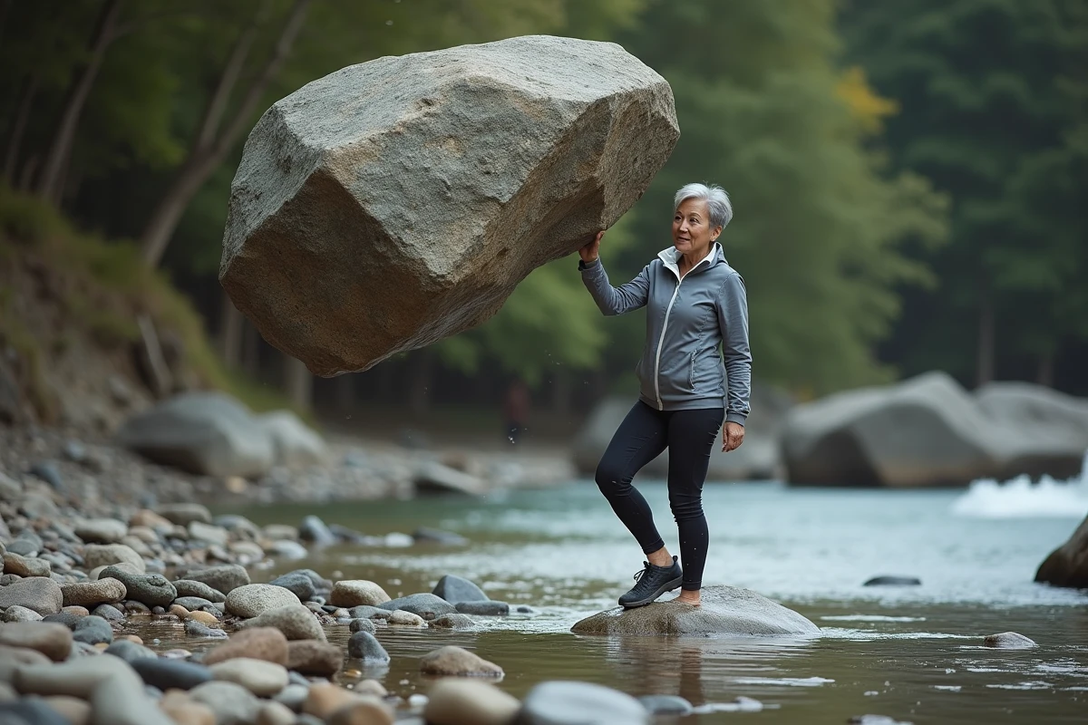 Femme en plein effort soulevant un rocher en extérieur