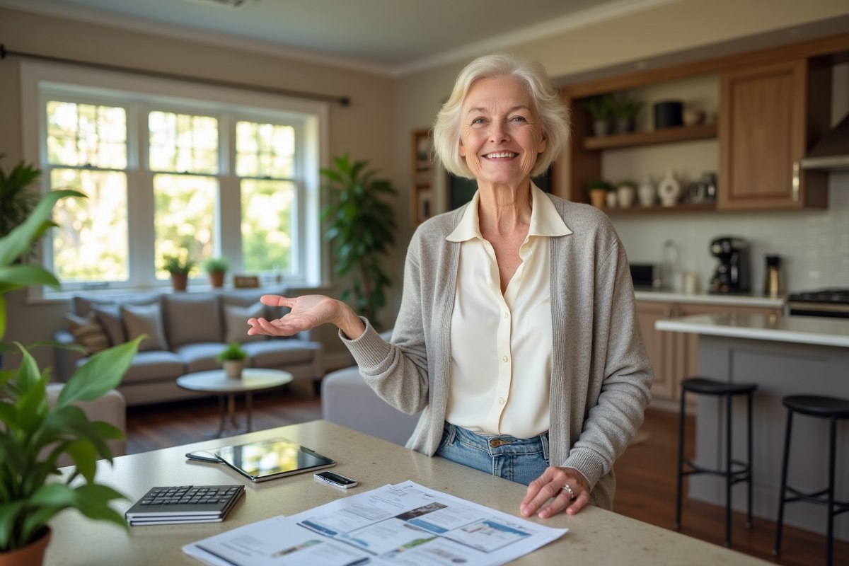 Femme âgée souriante dans un salon lumineux avec brochures immobilières