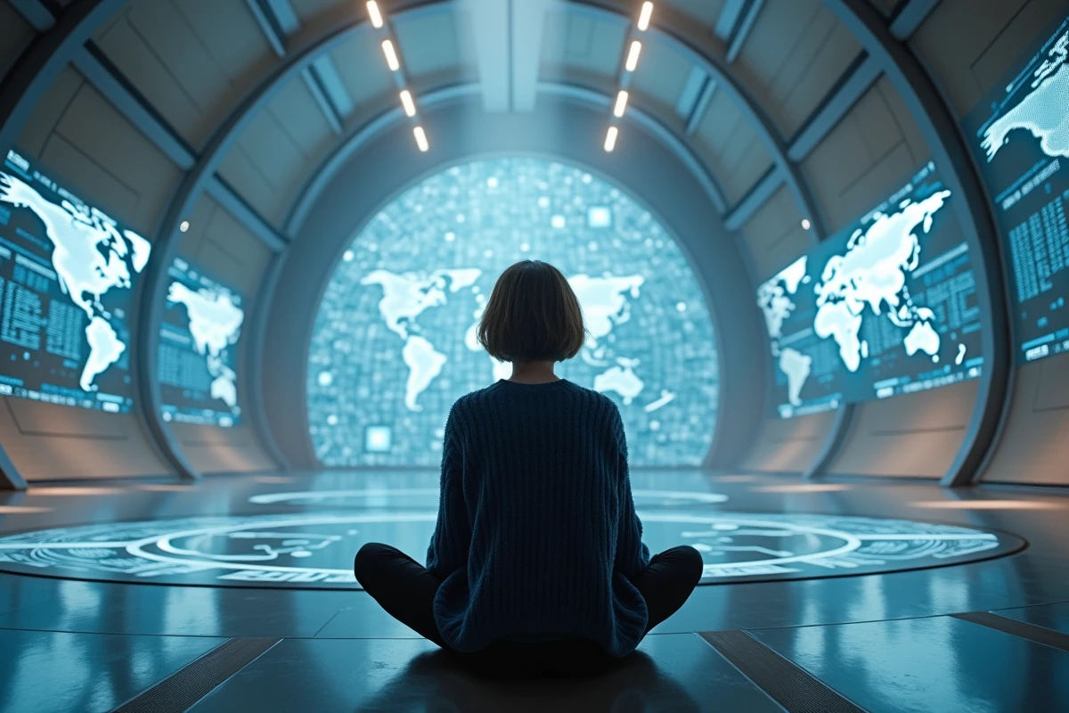 Jeune femme regardant des cartes numériques dans un centre de contrôle futuriste