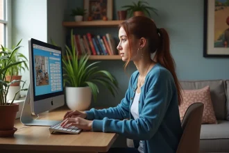 Jeune femme concentrée jouant aux Sims 4 sur son ordinateur