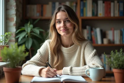 Femme écrivant dans un journal de développement personnel à son bureau à domicile entourée de plantes et de livres
