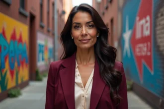Femme latina confiante devant une fresque murale portoricaine dans le Bronx, illustrant les racines latines de Jennifer Lopez