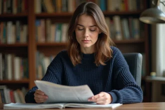 Femme lisant un journal imprimé à son bureau, illustrant la question de la fiabilité des sources d'information comme DAC Presse sans tabou