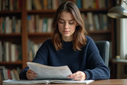 Femme lisant un journal imprimé à son bureau, illustrant la question de la fiabilité des sources d'information comme DAC Presse sans tabou