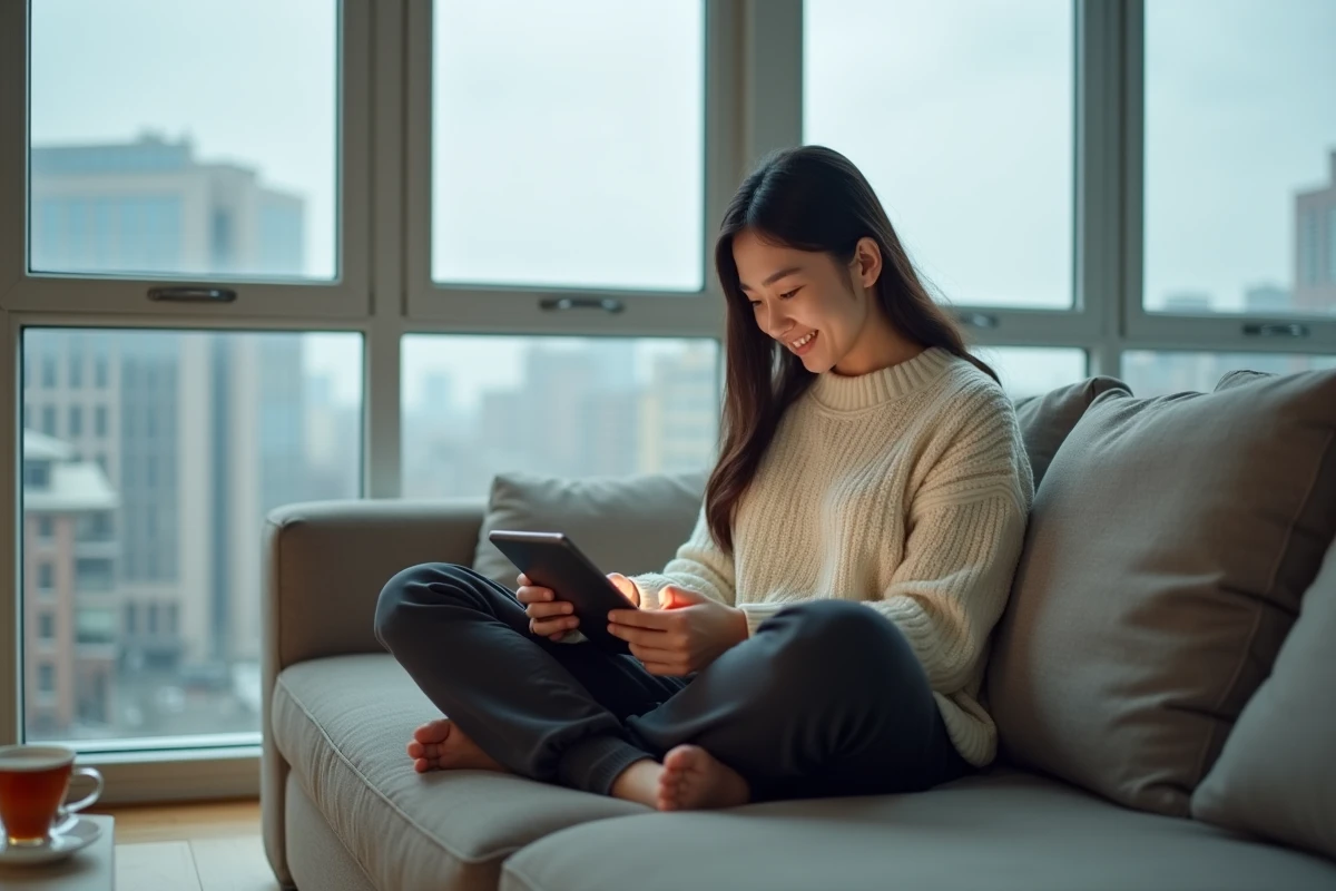 Femme lisant un manhwa sur tablette confortablement installée dans son salon moderne