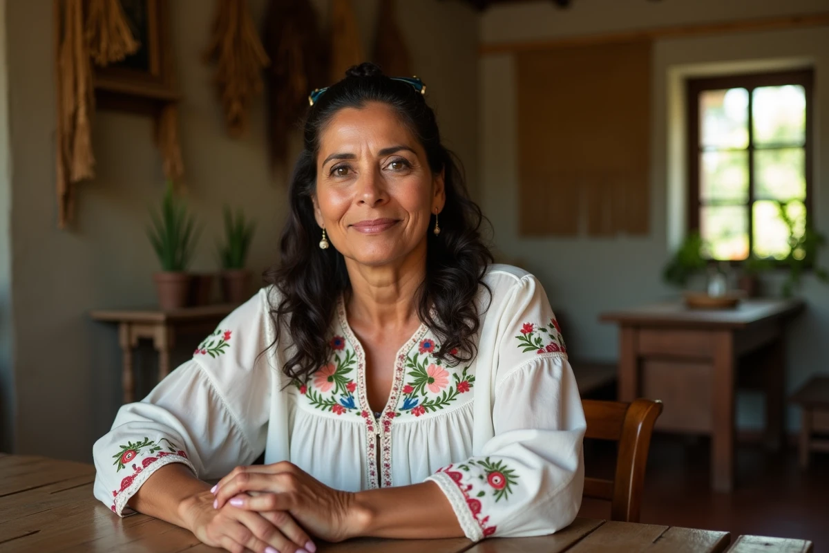 Femme latina en blouse brodée assise dans une maison traditionnelle portoricaine, évoquant les origines culturelles latines