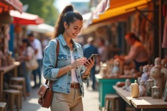 Jeune femme au marché vintage avec smartphone