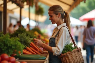 Femme choisissant des légumes frais sur un marché du dimanche matin en plein air