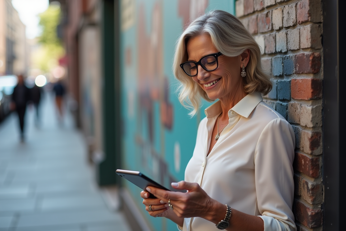 Femme regardant son tablet devant un mur de ville coloré