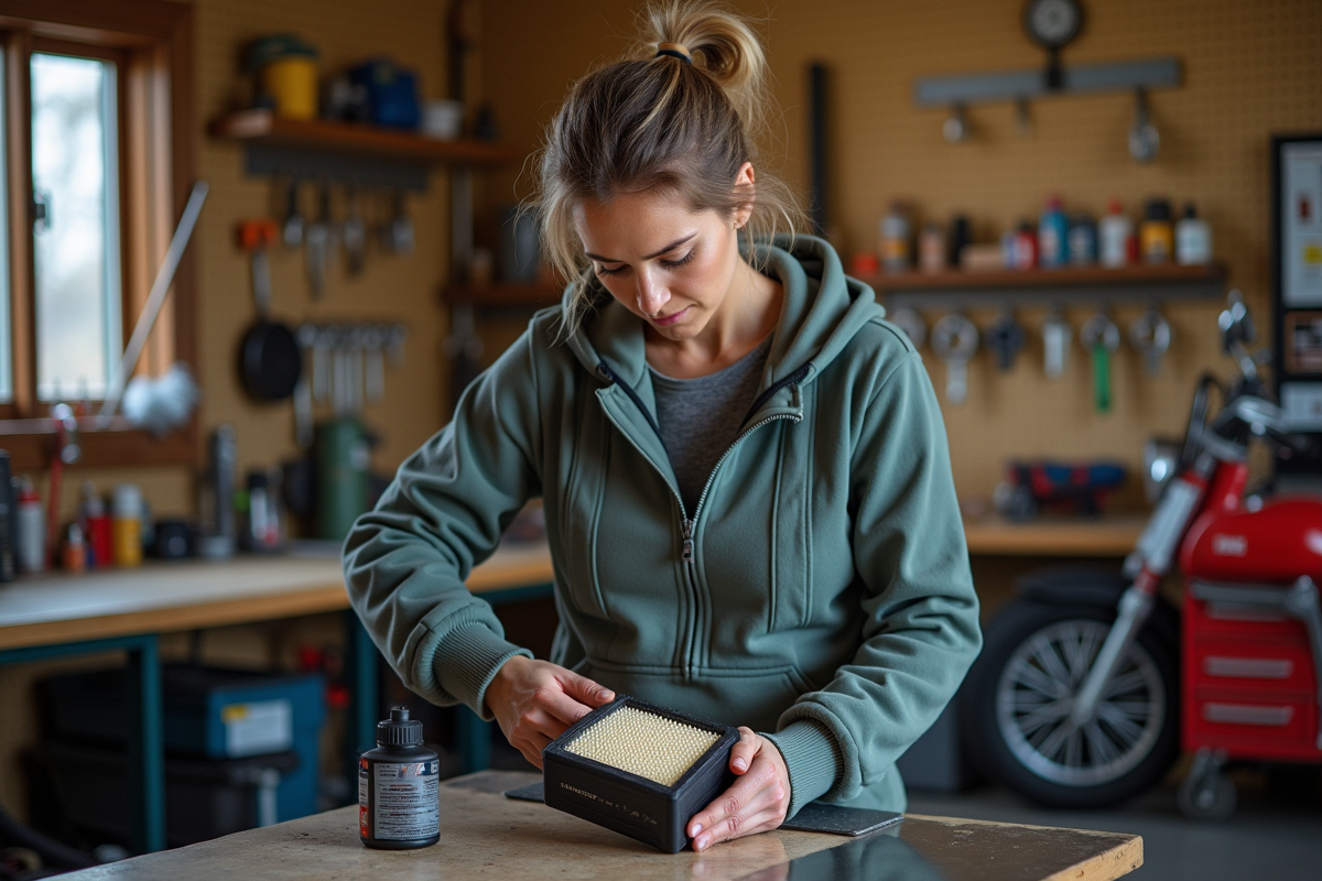 Femme nettoyant un filtre à air motocross dans l