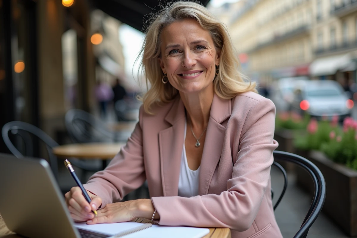 Femme prenant des notes sur un carnet de développement personnel à la terrasse d'un café parisien avec un ordinateur portable