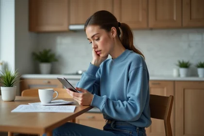 Jeune femme concentrée sur son smartphone dans la cuisine