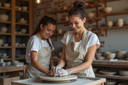 Jeune femme façonnant de l'argile dans un atelier parisien