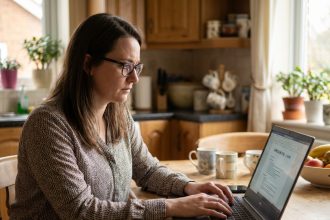 Femme en cuisine regardant son CV sur ordinateur