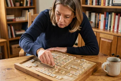 Femme concentrée plaçant des tuiles sur un plateau de Scrabble lors d'une partie en mode duplicate