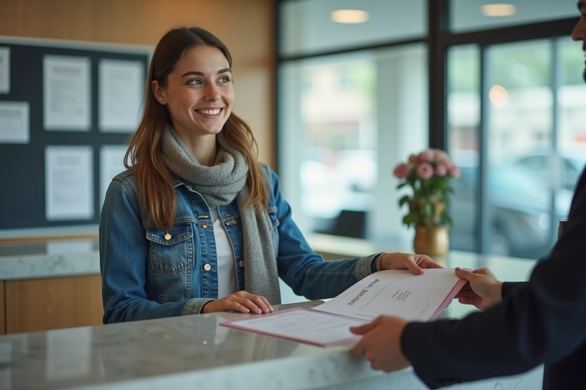 Jeune femme remettant un document à un agent administratif