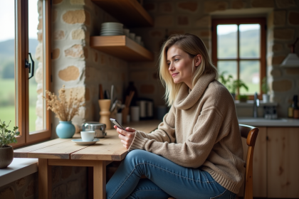 Femme assise dans une cuisine rustique tente de capter le signal