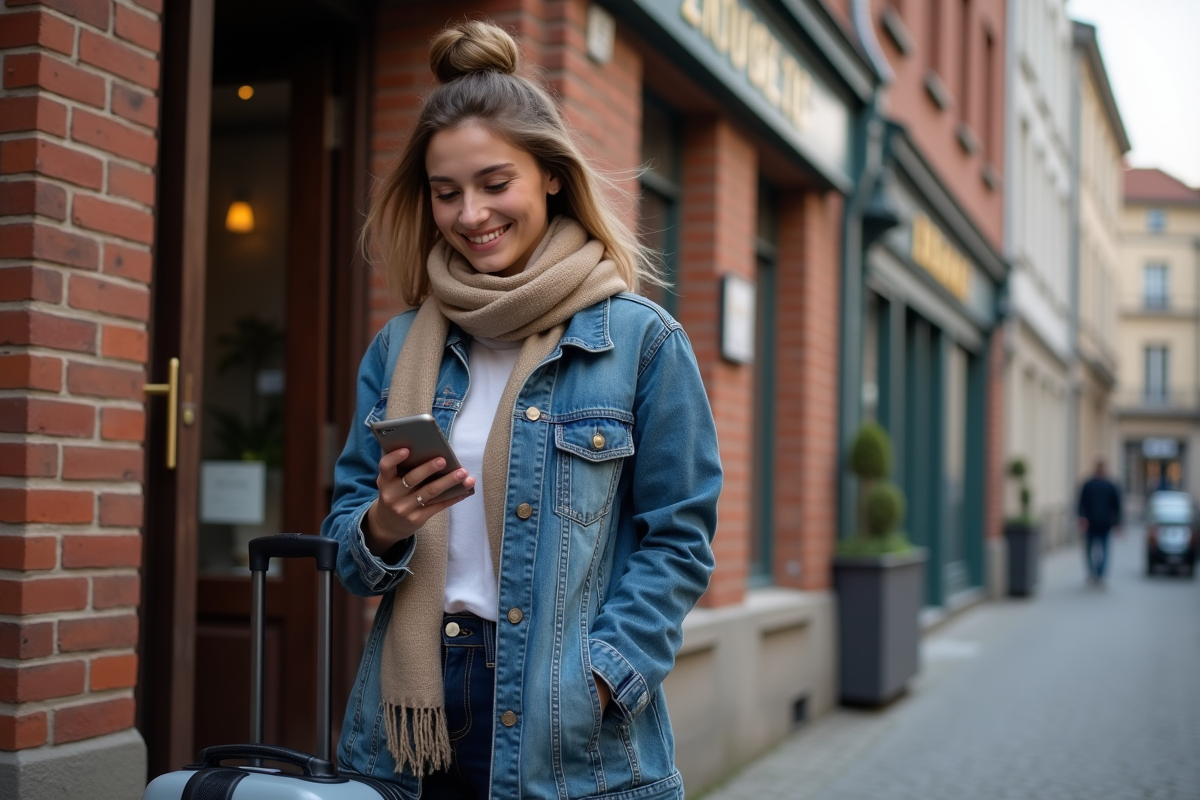 Jeune femme souriante devant un hôtel à Lille avec valise