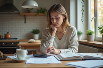 Femme concentrée à son bureau dans un appartement moderne