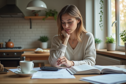 Femme concentrée à son bureau dans un appartement moderne