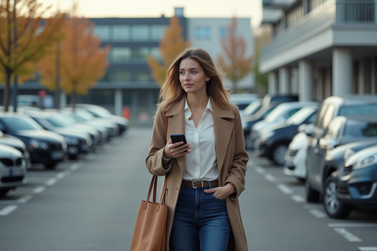 Jeune femme française sortant de sa voiture au parking