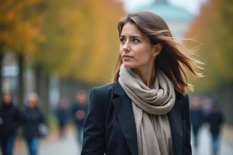 Femme en blazer et écharpe dans un parc urbain