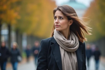 Femme en blazer et écharpe dans un parc urbain