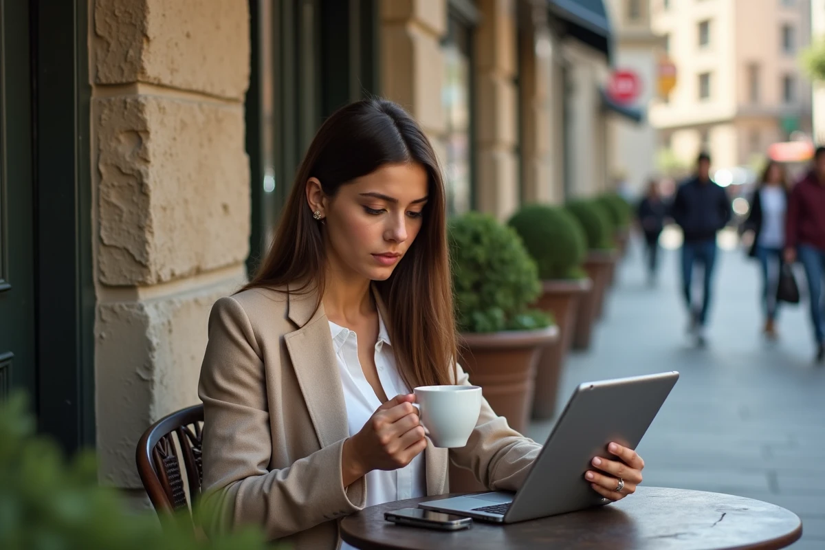Jeune femme consulte des graphiques financiers sur une tablette
