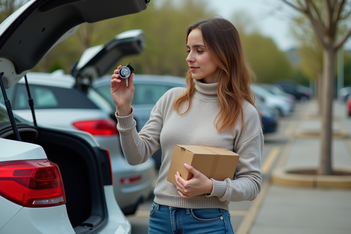 Jeune femme vérifiant une pièce auto dans un parking extérieur