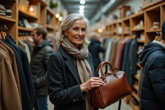 Femme souriante examine un sac vintage dans une boutique