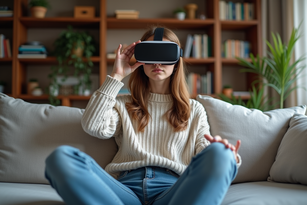 Jeune femme avec casque VR dans un salon moderne