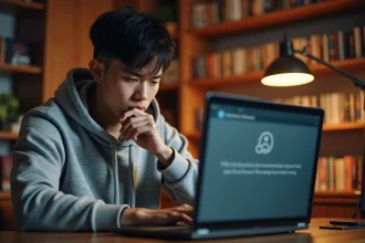 Jeune homme frustré devant un message d'erreur sur son ordinateur portable, entouré de mangas, symbolisant la fermeture d'un site de scan