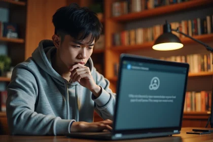 Jeune homme frustré devant un message d'erreur sur son ordinateur portable, entouré de mangas, symbolisant la fermeture d'un site de scan