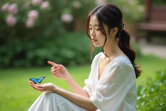 Jeune femme en robe blanche regardant un papillon dans un jardin