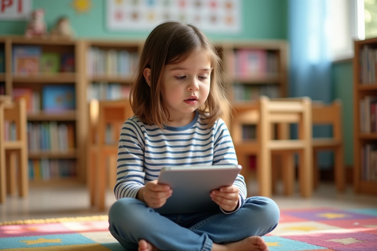 Une fillette concentrée utilise une application de jeux éducatifs pour apprendre de nouveaux mots dans une salle de classe colorée