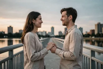 Deux flammes jumelles se retrouvant sur un pont urbain au crépuscule, symbolisant la connexion spirituelle de l'heure miroir 22h20