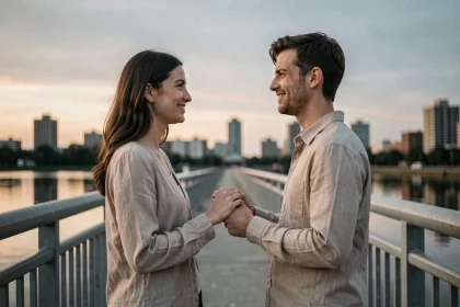 Deux flammes jumelles se retrouvant sur un pont urbain au crépuscule, symbolisant la connexion spirituelle de l'heure miroir 22h20