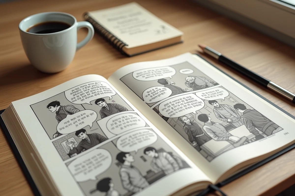 Flat lay d'un volume de manhwa ouvert avec notes de chapitres et café sur une table en bois