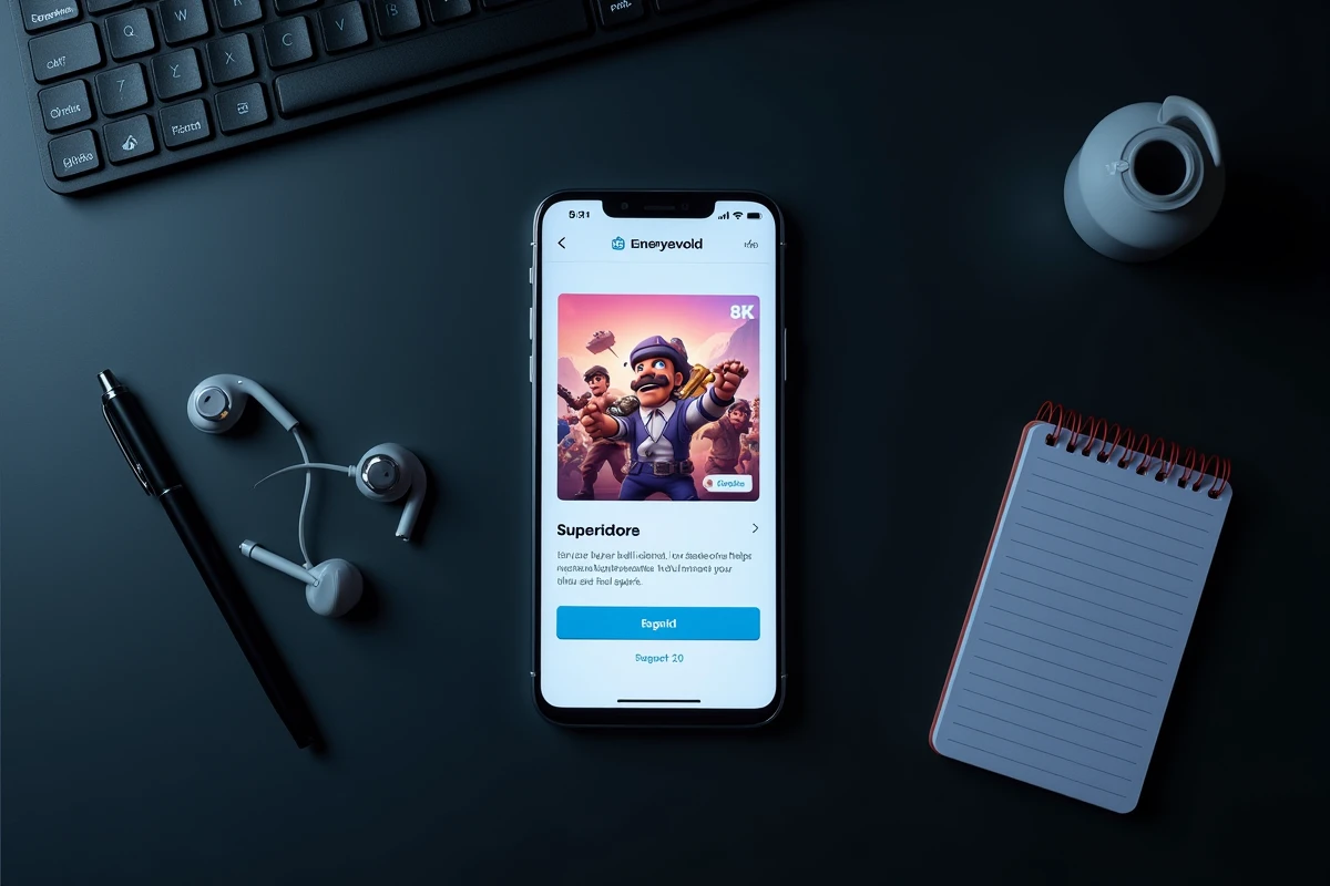 Vue aérienne d'un smartphone affichant le Supercell Store Brawl Stars sur un bureau de gamer minimaliste