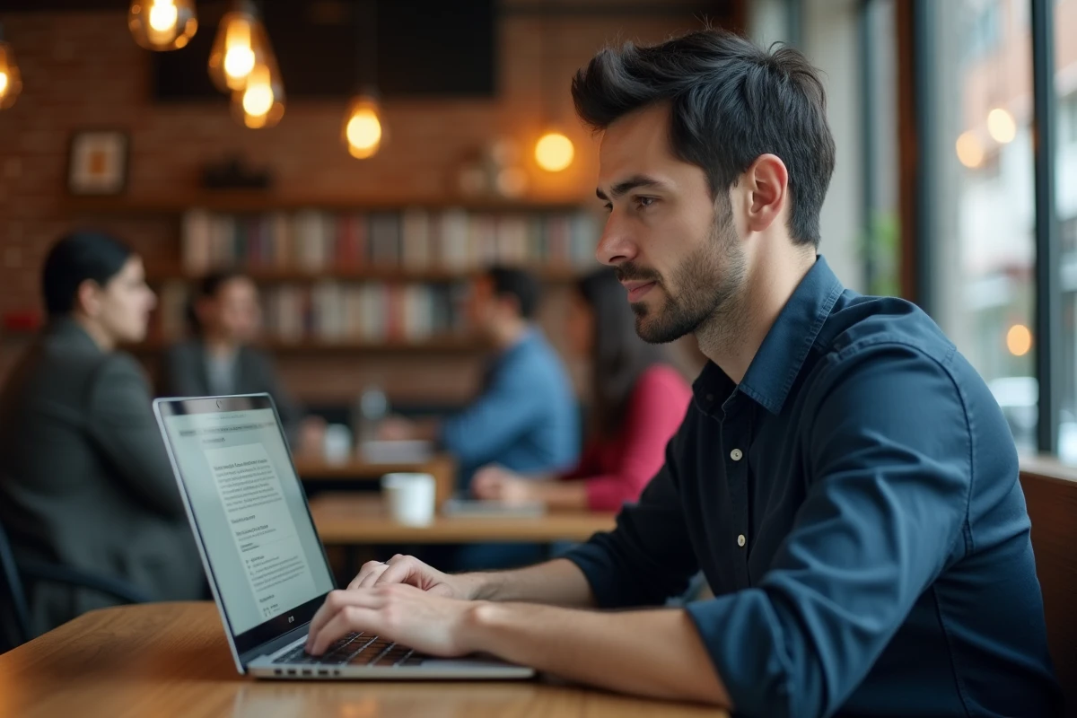 Homme consultant un forum en ligne sur les plateformes légales de lecture de manga dans un café urbain