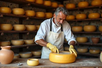Fromager espagnol coupant une roue de manchego dans une fromagerie artisanale aux murs en pierre