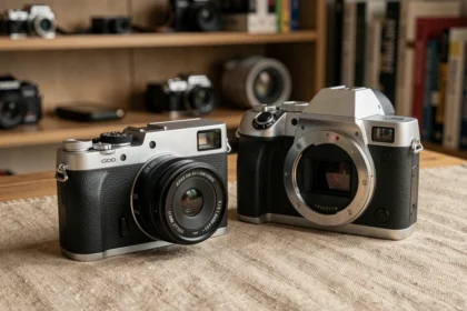 Comparaison entre le Fujifilm X-T20 compact et un hybride moderne plein format posés côte à côte sur un bureau en bois