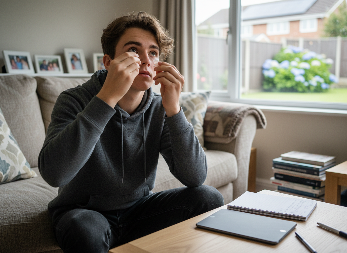 Garçon de 16 ans appliquant des gouttes pour les yeux dans un salon lumineux
