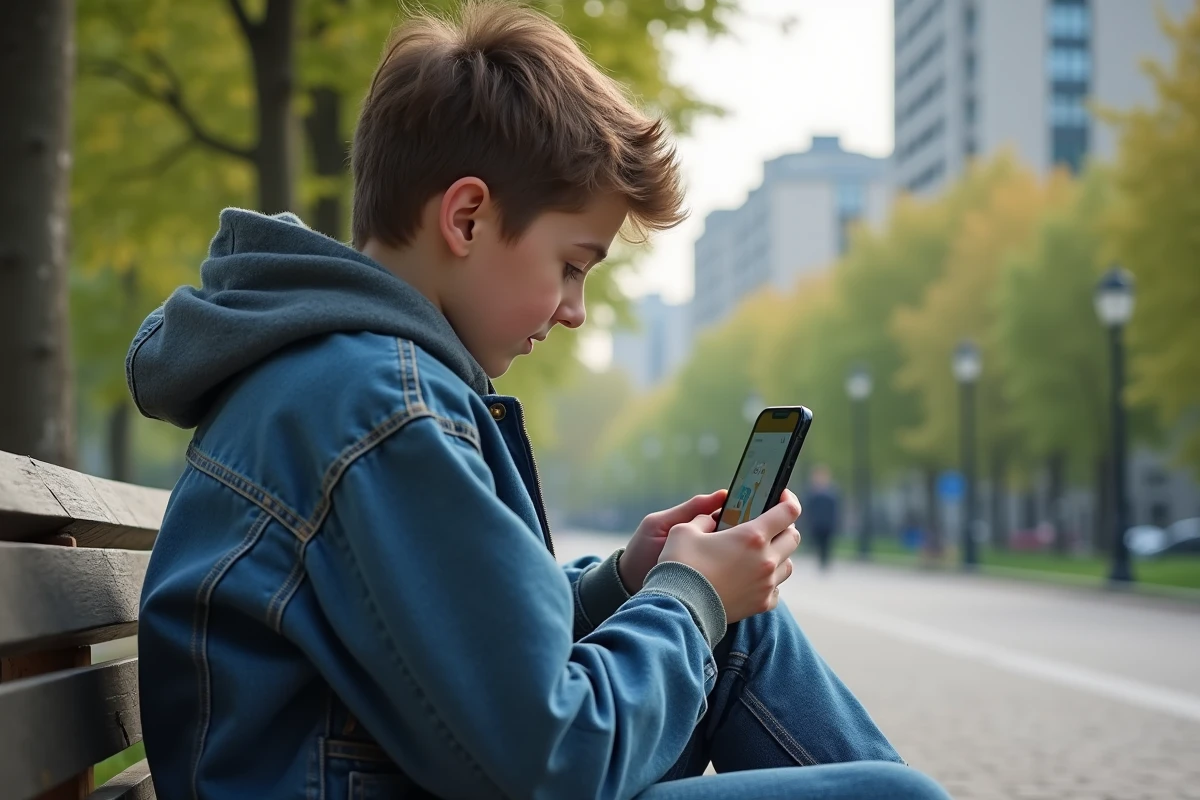 Adolescent lisant un webtoon sur smartphone dans un parc