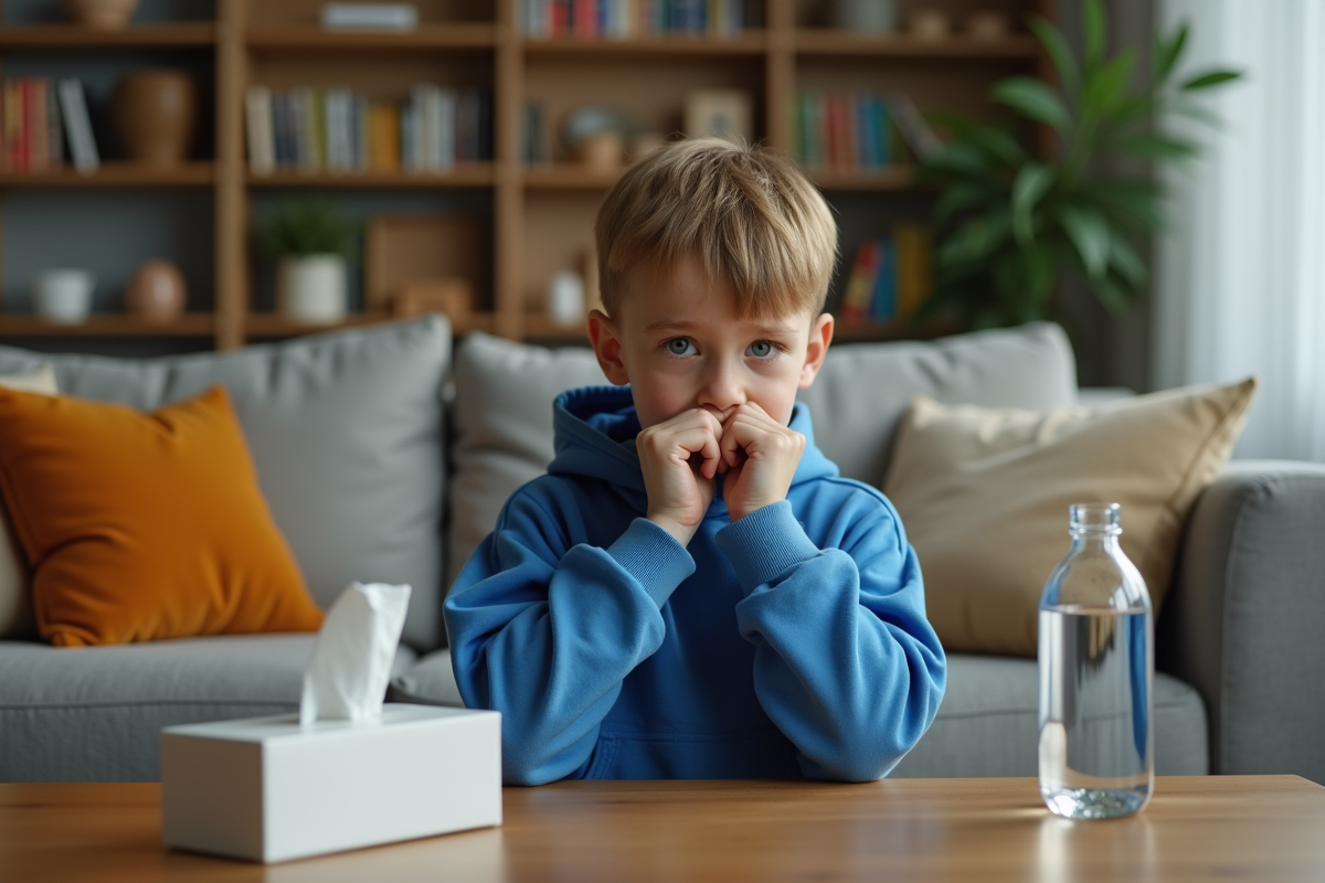 Garçon soufflant dans un mouchoir dans un salon chaleureux