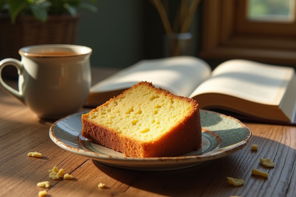 Gâteau au beurre tranché sur une assiette en céramique ancienne